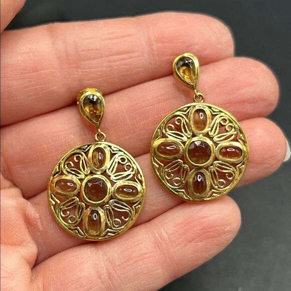 VTG MMA Gold Amber Glass Stones Post Back Earrings - Picture 2 of 6